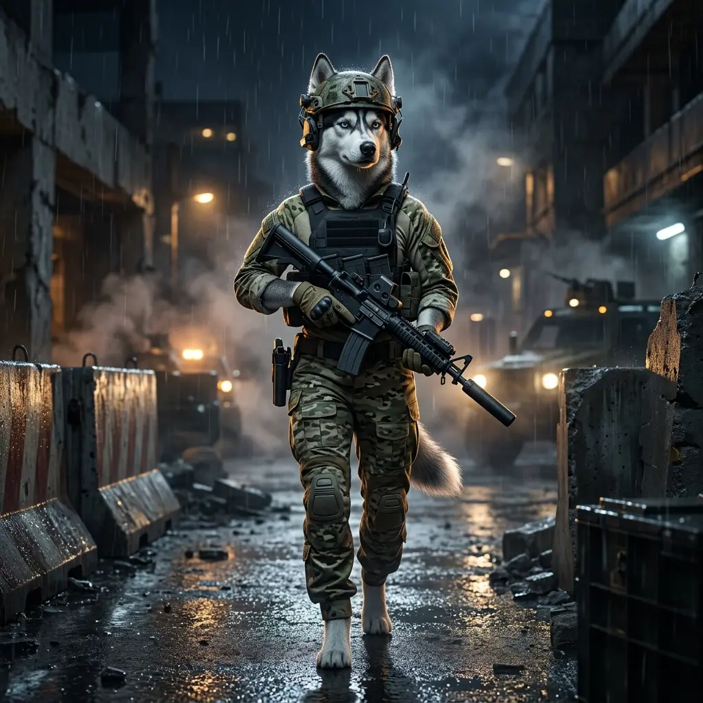 Ilustrasi bertema perkhidmatan peningkatan untuk Call of Duty Modern Warfare 4 tanpa teks atau tanda yang boleh dibaca.