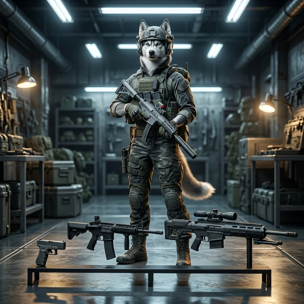 Žaidimo „WARDOGS“ iliustracija, pristatanti pradinius ginklus, suskirstytus pagal pajėgumą.