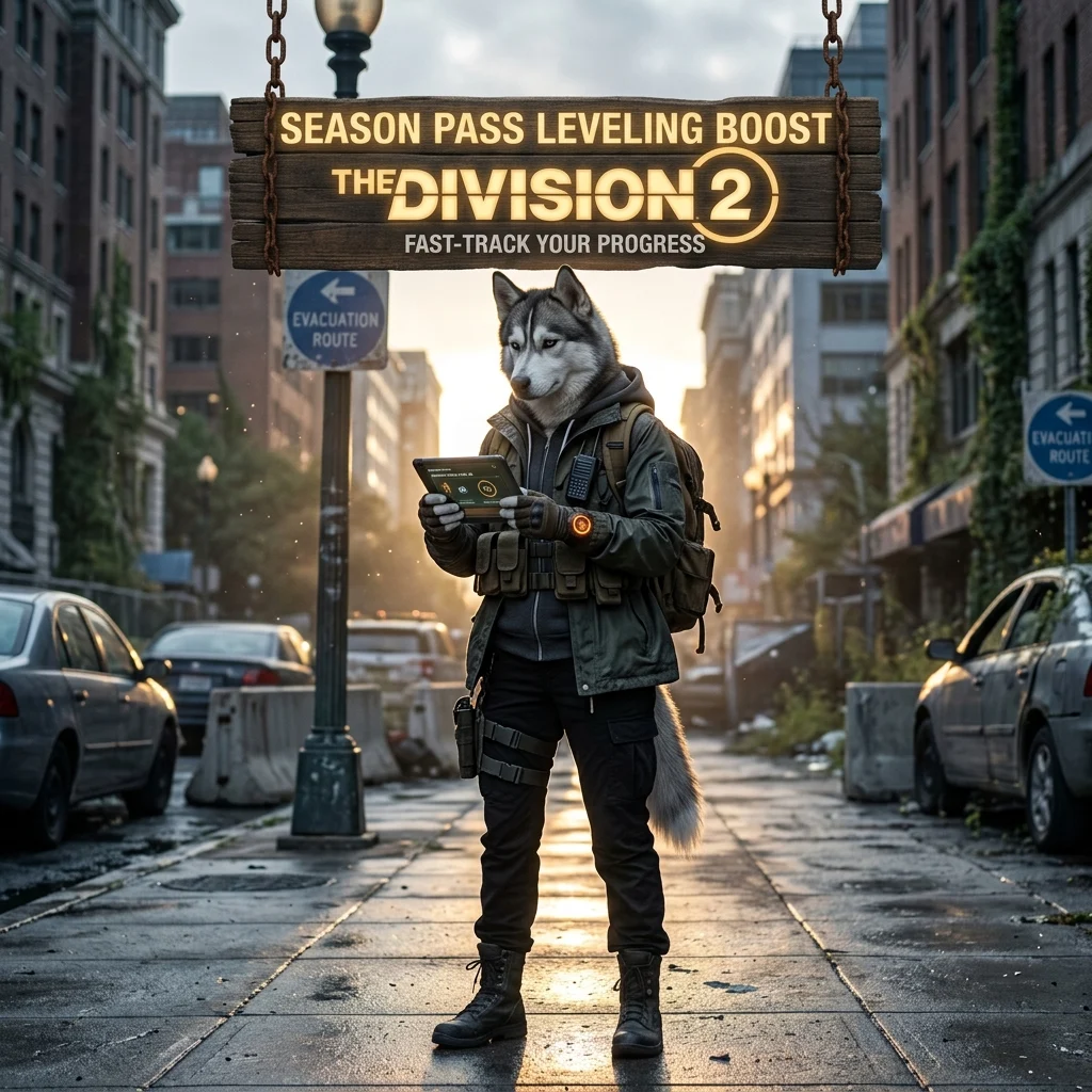 Promotional image for the Season Pass Leveling Boost in The Division 2, representing a service focused on advancing the game's season pass level.