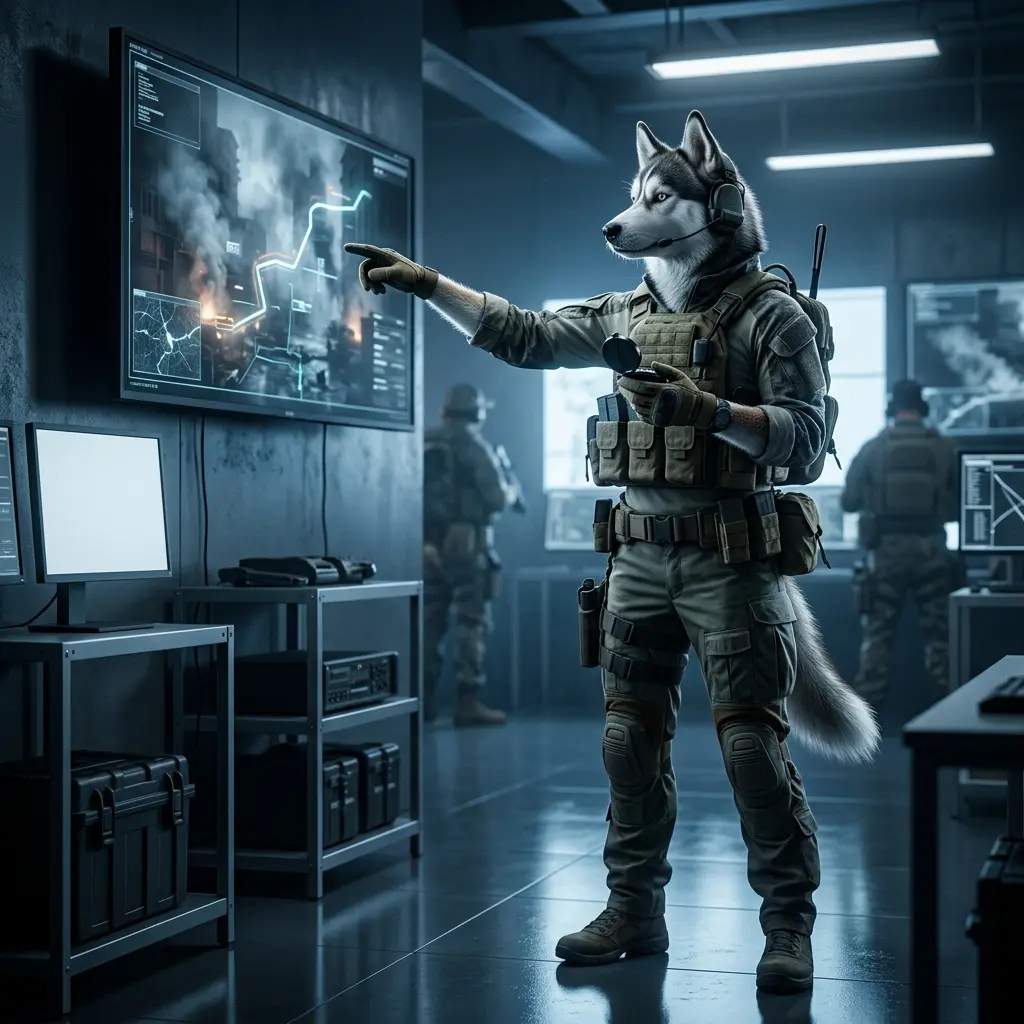 Sõjateemaline videomänguillustratsioon, mis kujutab Modern Warfare 4 juhistega seotud mängukogemust ilma nähtava tekstita.
