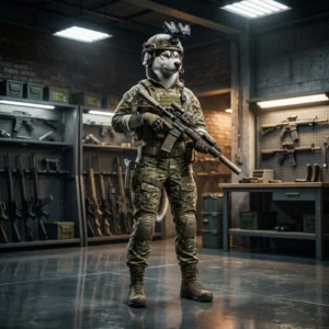 Tematisk illustration för Vapentabell för War Dogs, med motiv kopplade till spelets vapen och utan synlig text.