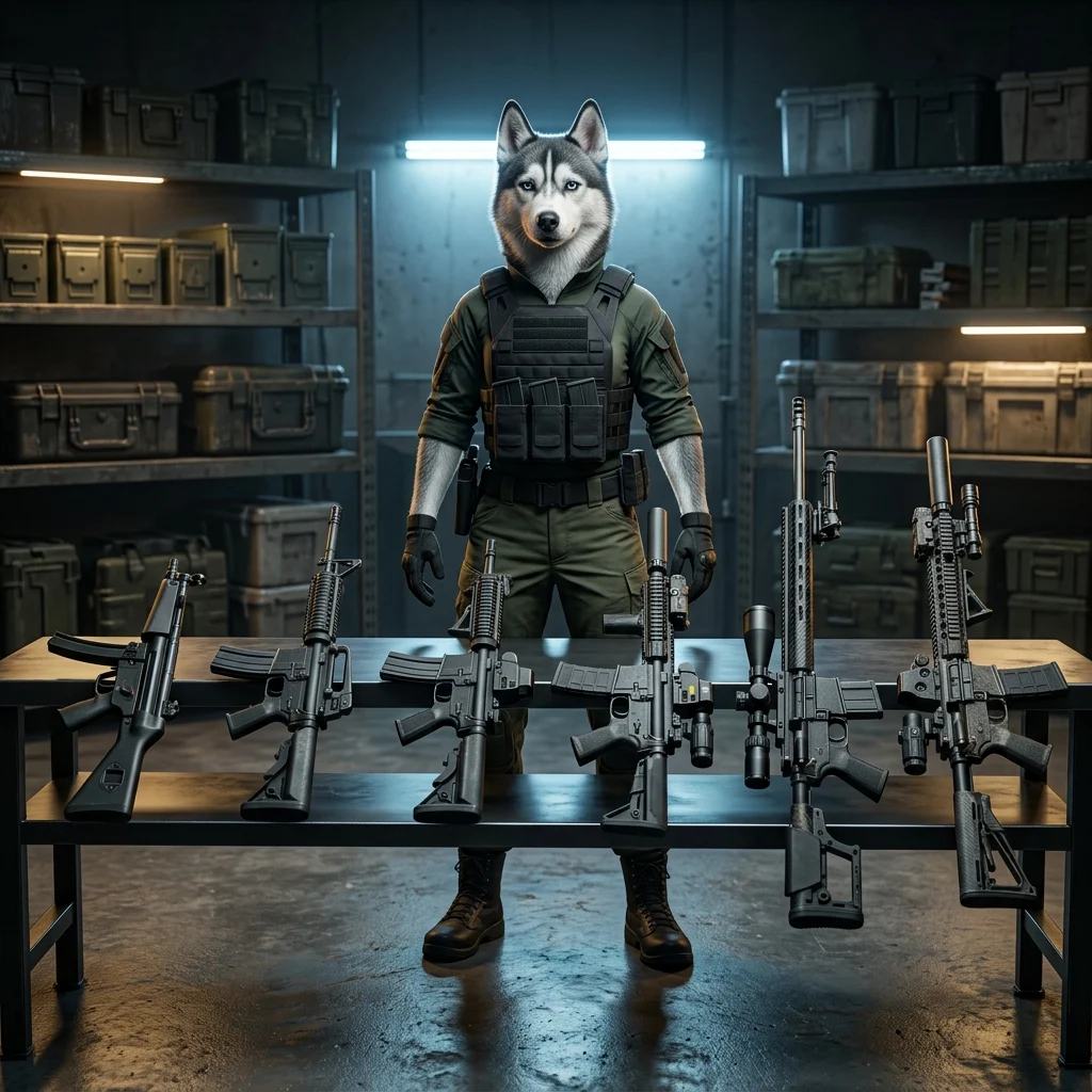 War Dogsの武器ティアリストをテーマにした記事用のイラスト。ゲーム内の装備評価や比較を扱う内容を表現しています。