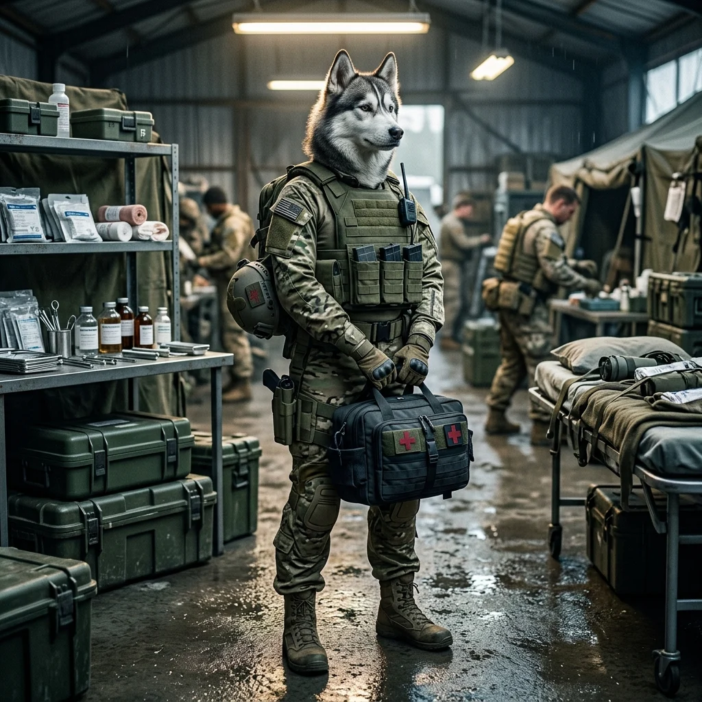 Wardogs'ta Sıhhiye Kârları ürününü temsil eden, savaş ve sıhhiye temasını yansıtan metinsiz illüstrasyon