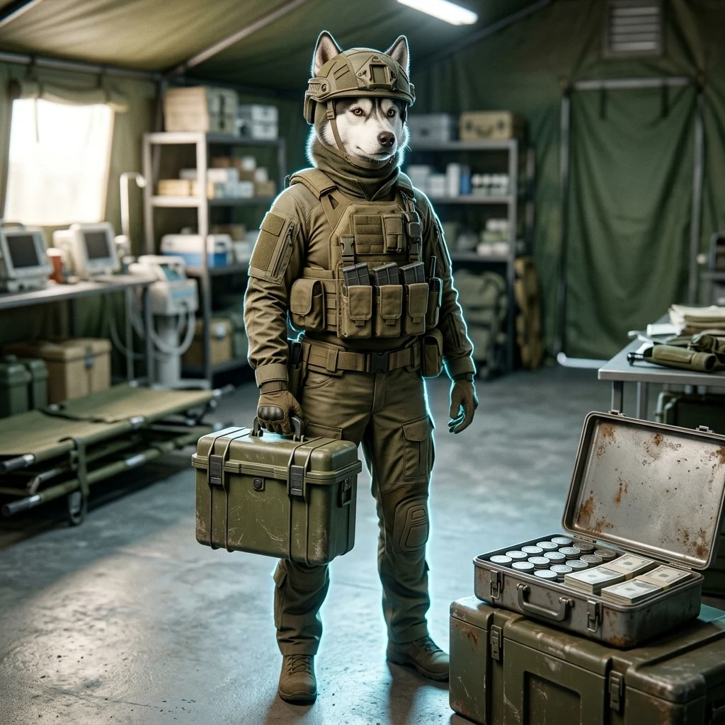 Ilustracja przedstawiająca medyka w grze Wardogs, nawiązująca do zarobków i roli wsparcia w rozgrywce.