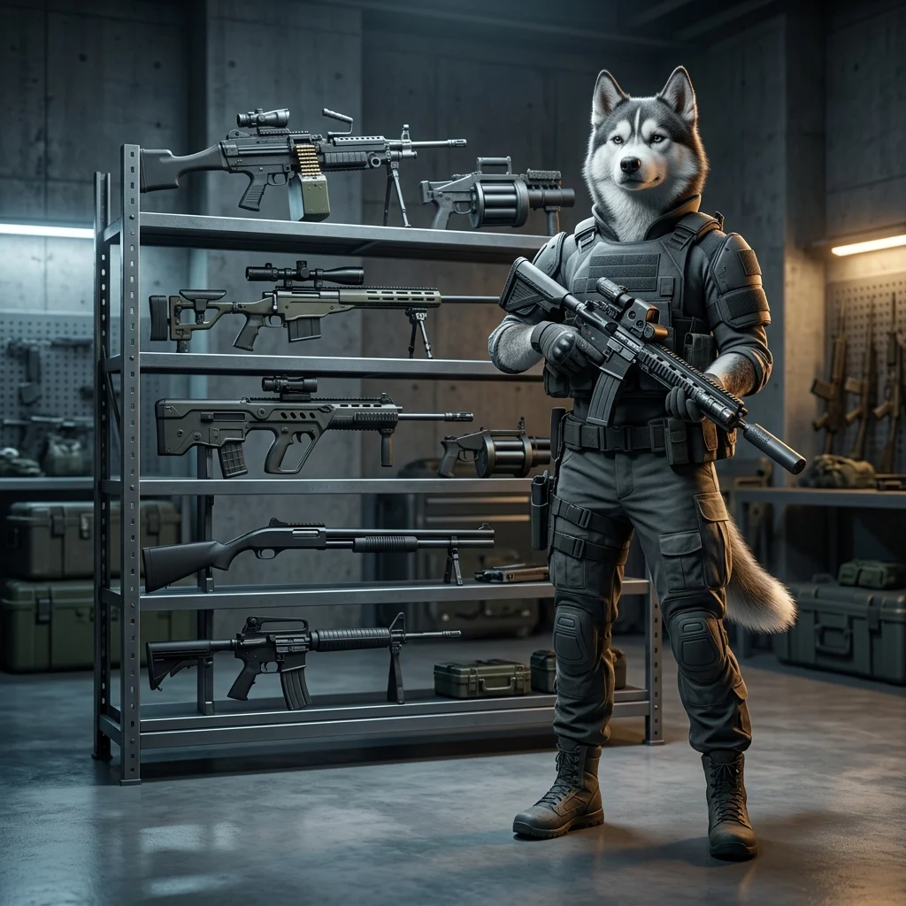 איור של כלי נשק וציוד לחימה בהשראת War Dogs, הממחיש השוואה ודירוג בין אפשרויות שונות במשחק
