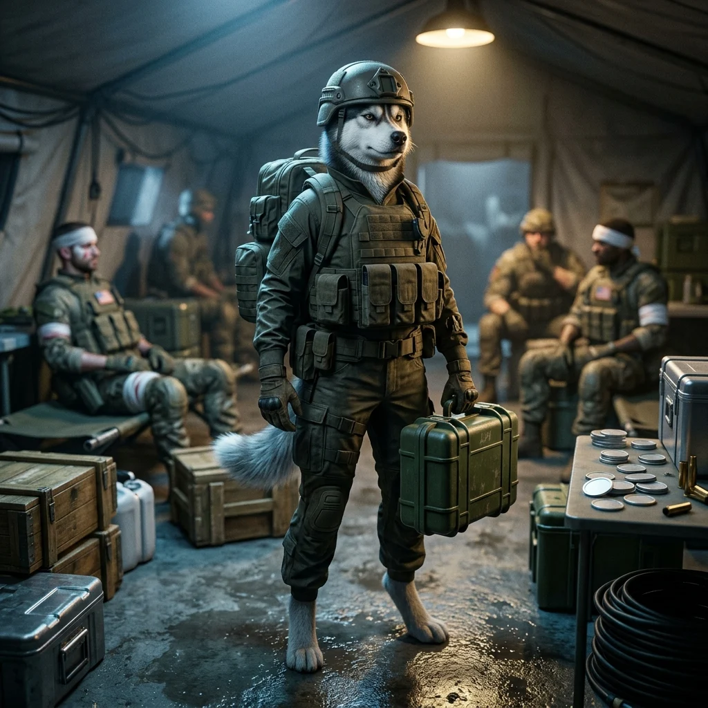 워독(Wardogs)에서 메디크 역할로 플레이하며 수익을 창출하는 방법을 소개하는 게임 아트워크로, 메디크 콘셉트와 게임 속 플레이 맥락을 시각적으로 담고 있다.